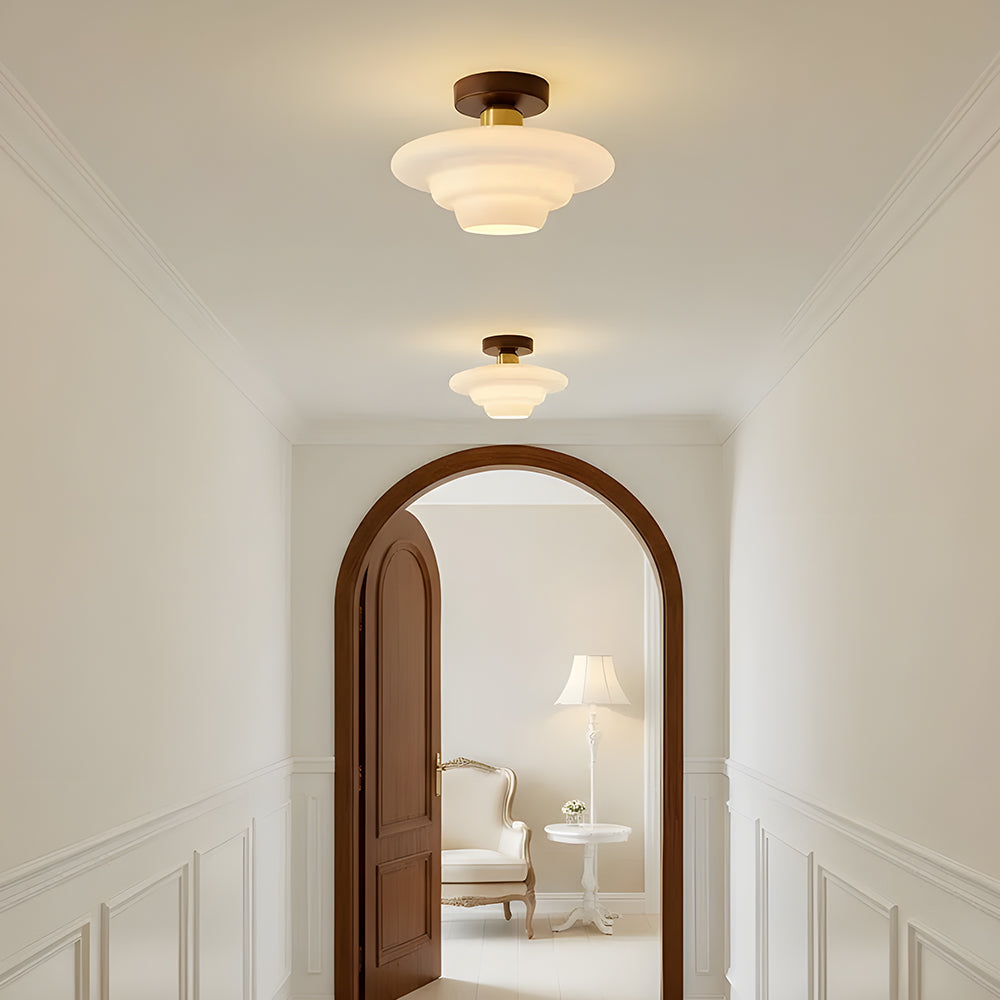 Flush ceiling light with layered white glass shade and walnut-effect ceiling mount