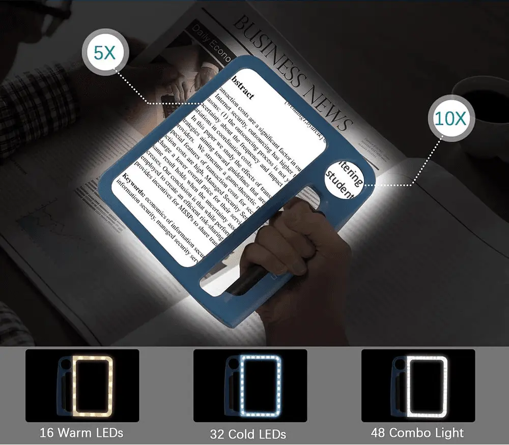 Handheld LED magnifying glass with rectangular lens and integrated handle