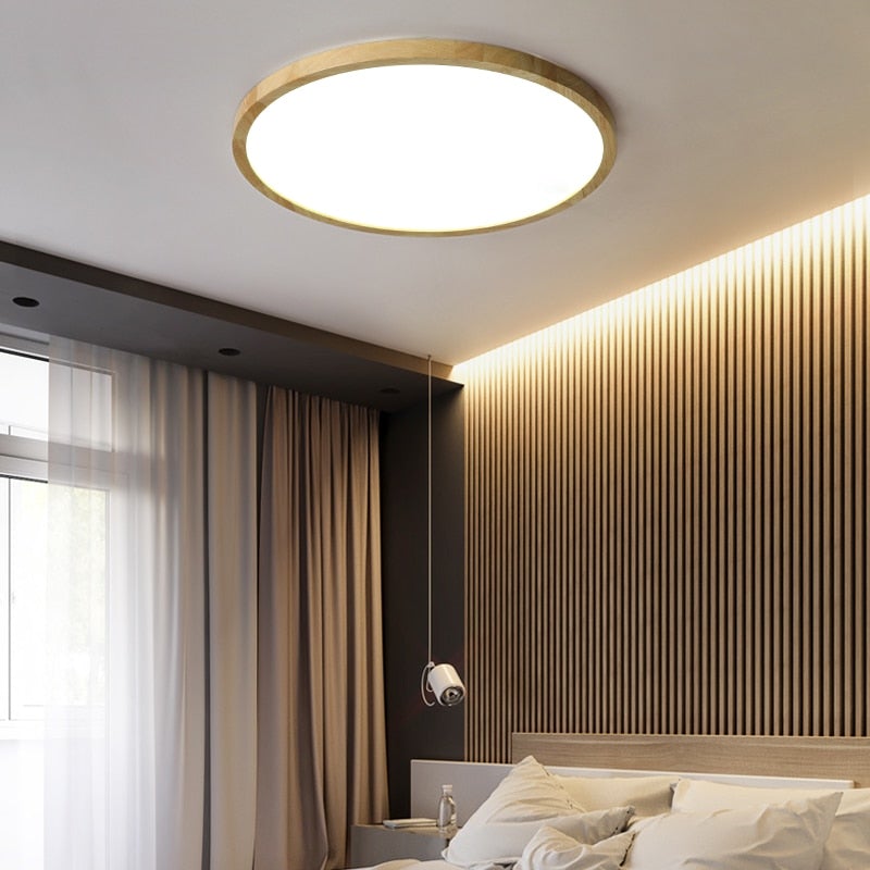 Circular dimmable LED ceiling light with a wood-effect ring and white diffuser