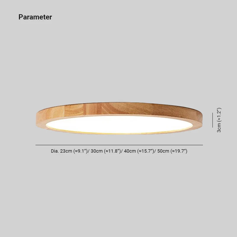 Circular dimmable LED ceiling light with a wood-effect ring and white diffuser
