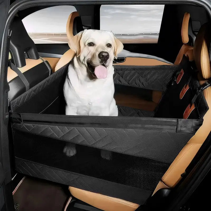 Structured dog car seat cover with hard base, quilted panels and mesh sections