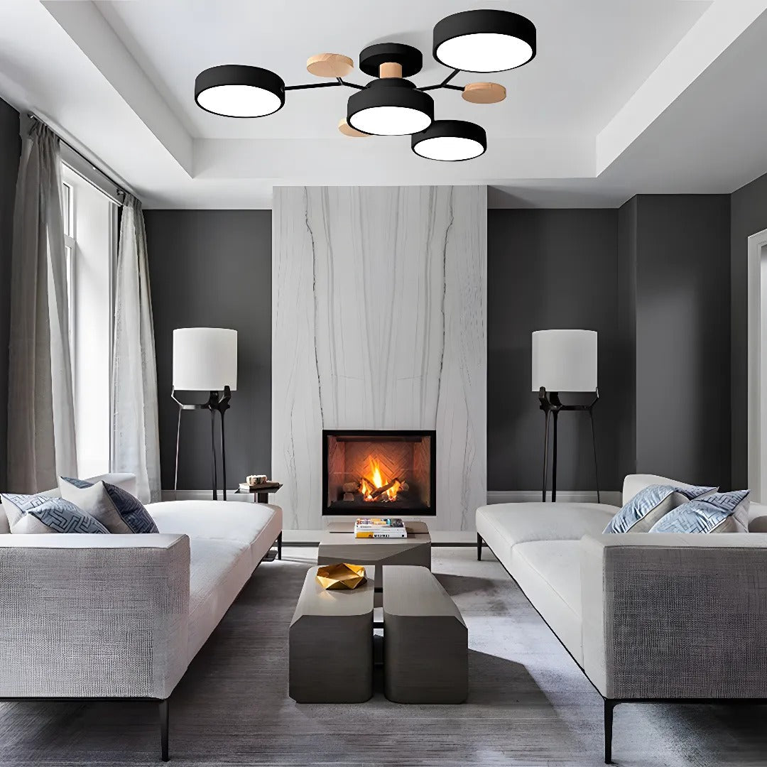 Round LED semi-flush ceiling chandelier with circular shades and decorative wood-effect accents