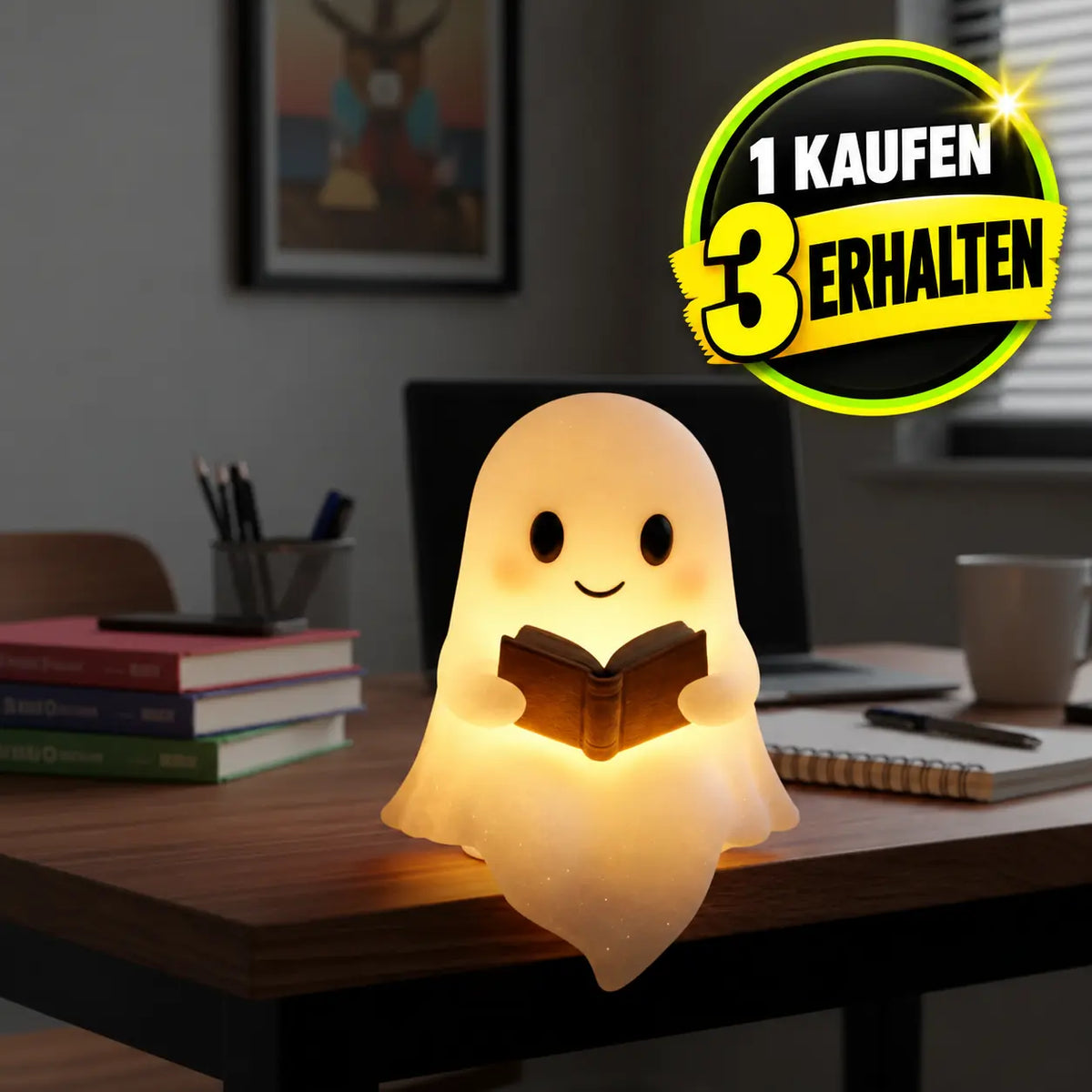 Warm glowing ghost-shaped night light holding an open book