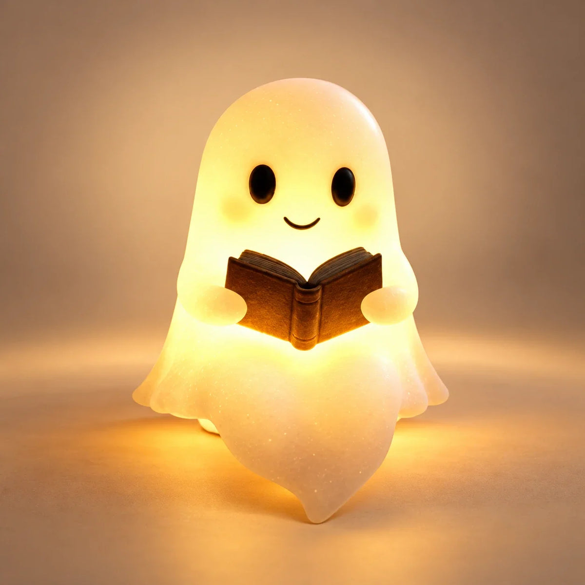 Warm glowing ghost-shaped night light holding an open book