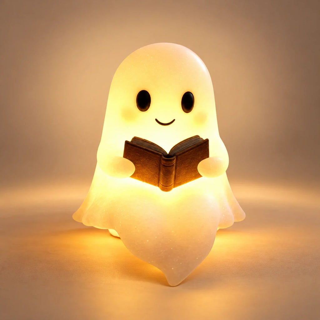 White ghost-shaped table lamp with a warm glow and an open book design