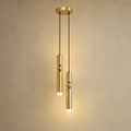 Gold pendant light with two cylindrical hanging elements and spherical details