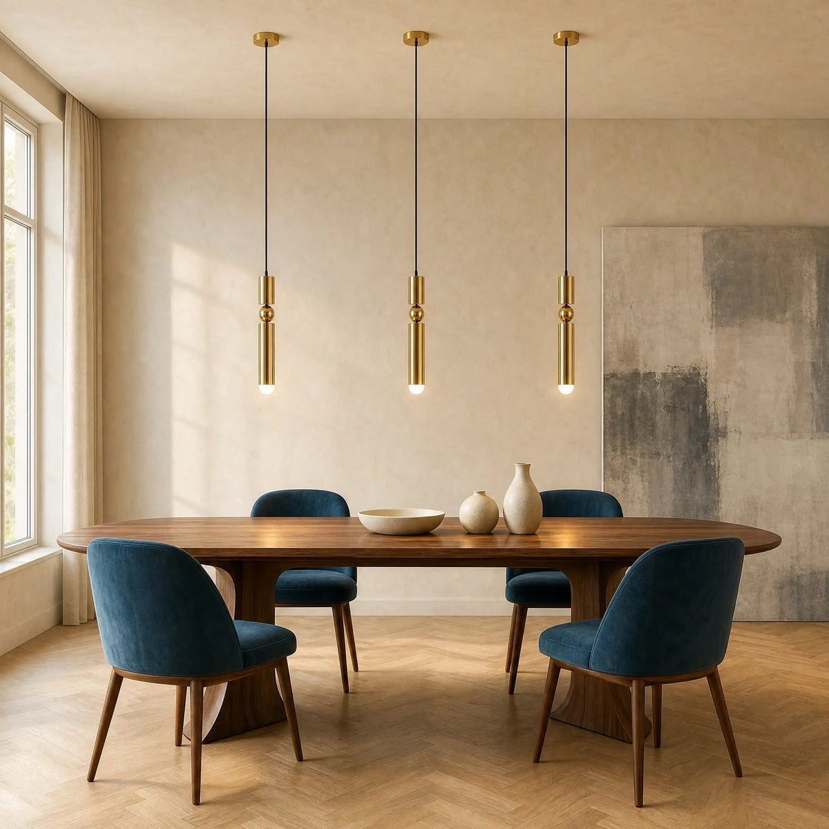 Gold pendant light with two cylindrical hanging elements and spherical details