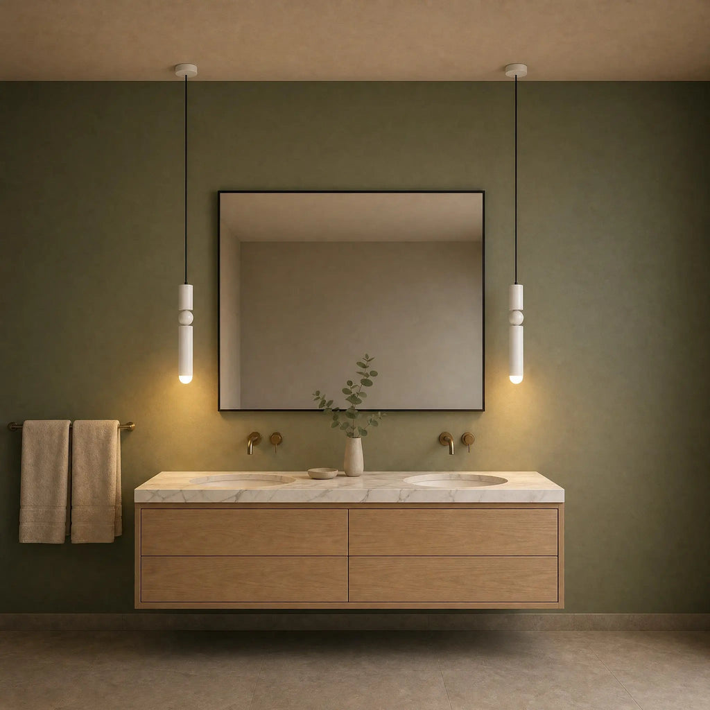 Gold pendant light with two cylindrical hanging elements and spherical details