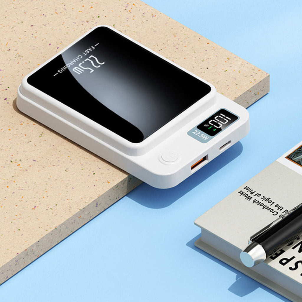 Magnetic wireless power bank with digital battery display and circular charging surface
