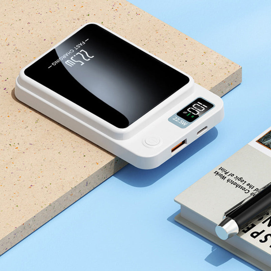 Magnetic wireless power bank with digital battery display and circular charging surface