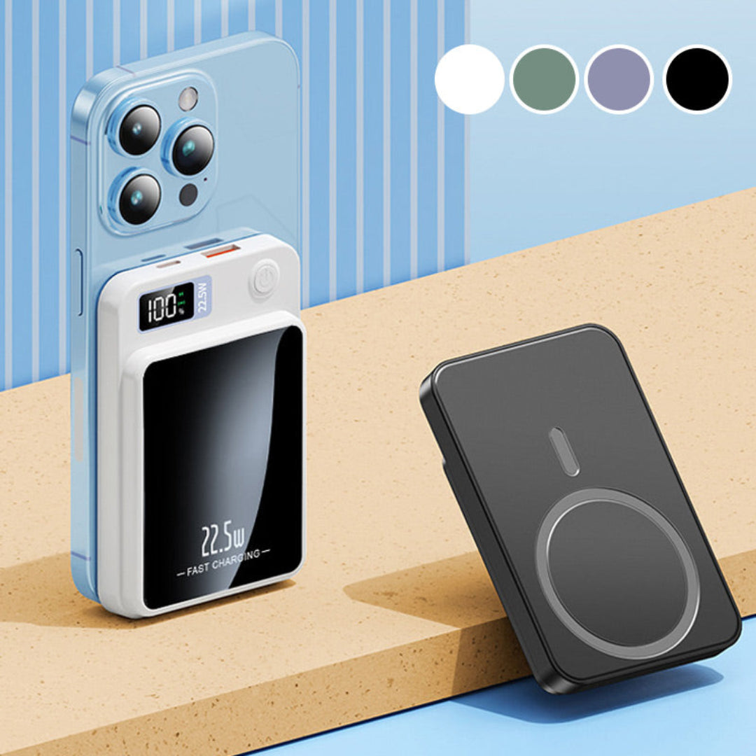 Magnetic wireless power bank with digital battery display and circular charging surface
