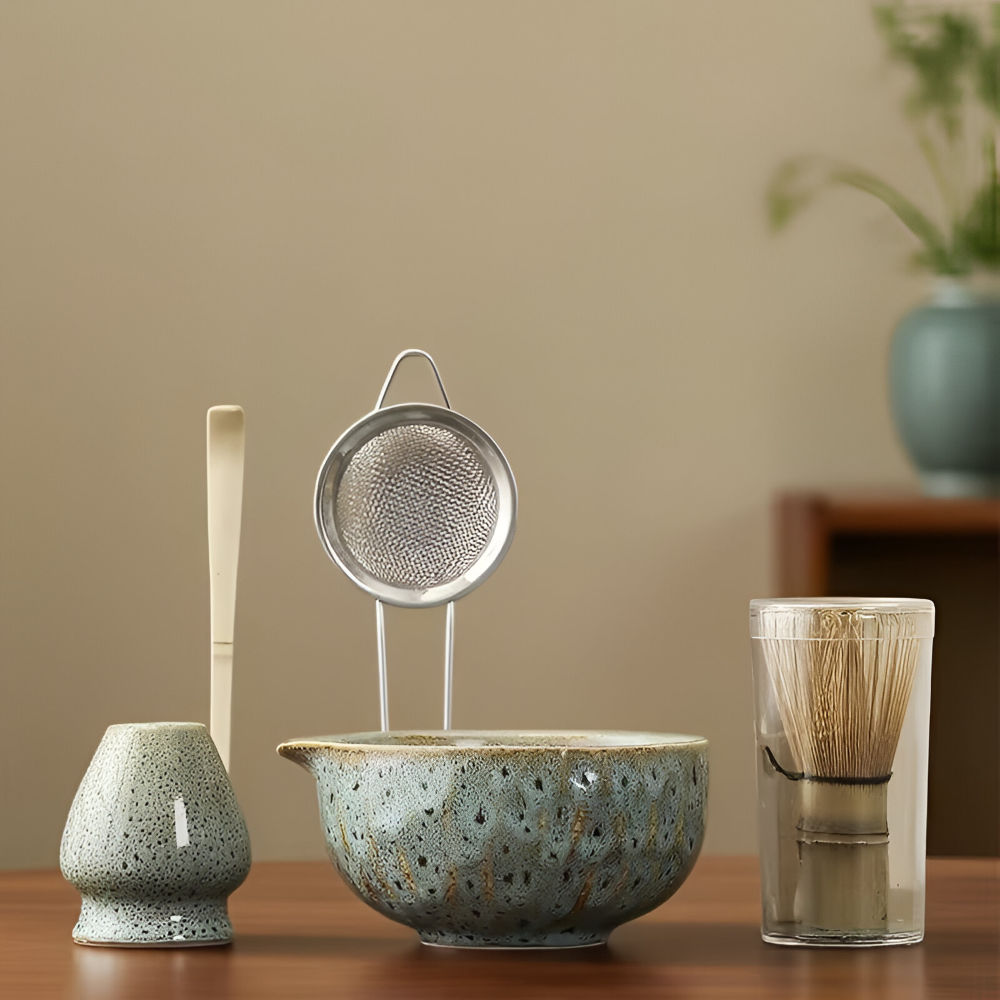 Ceramic mixing bowl with bamboo whisk