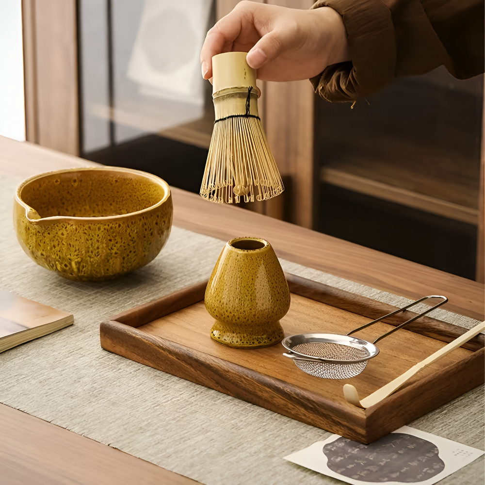 Ceramic mixing bowl with bamboo whisk