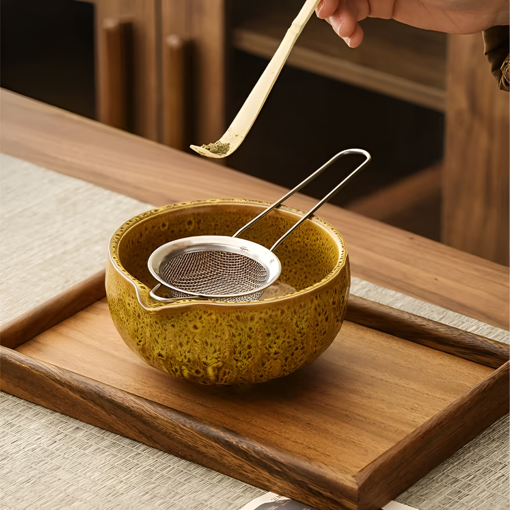 Ceramic mixing bowl with bamboo whisk