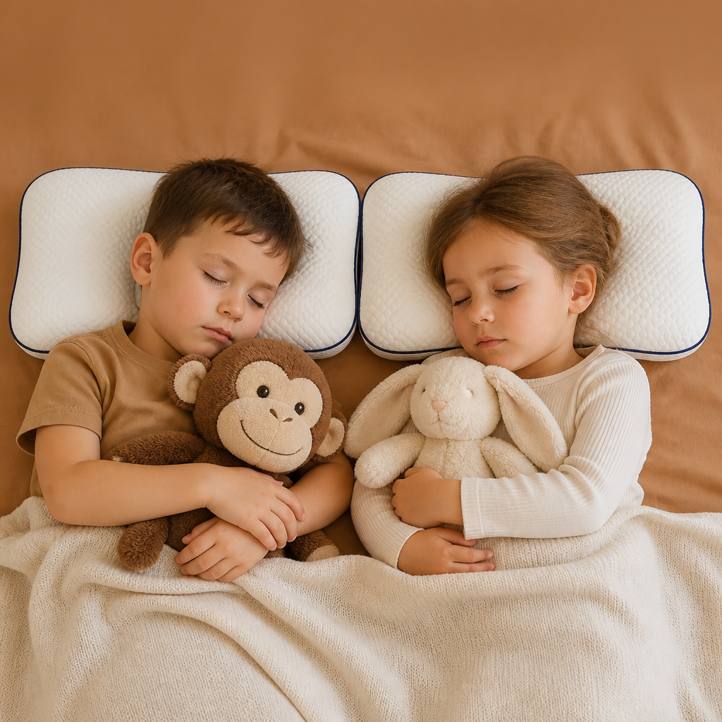 White children's memory foam pillow with textured cover and blue piping