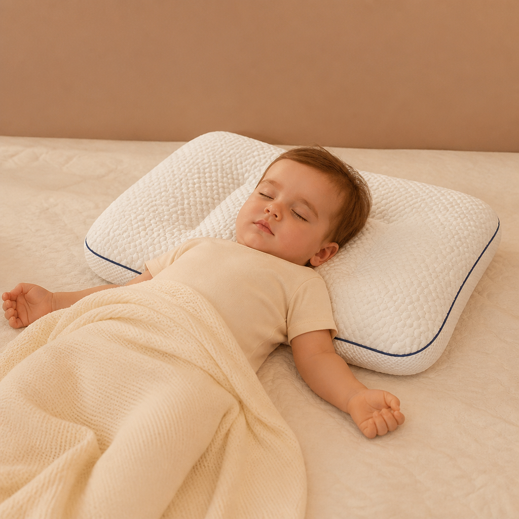 White children's memory foam pillow with textured cover and blue piping