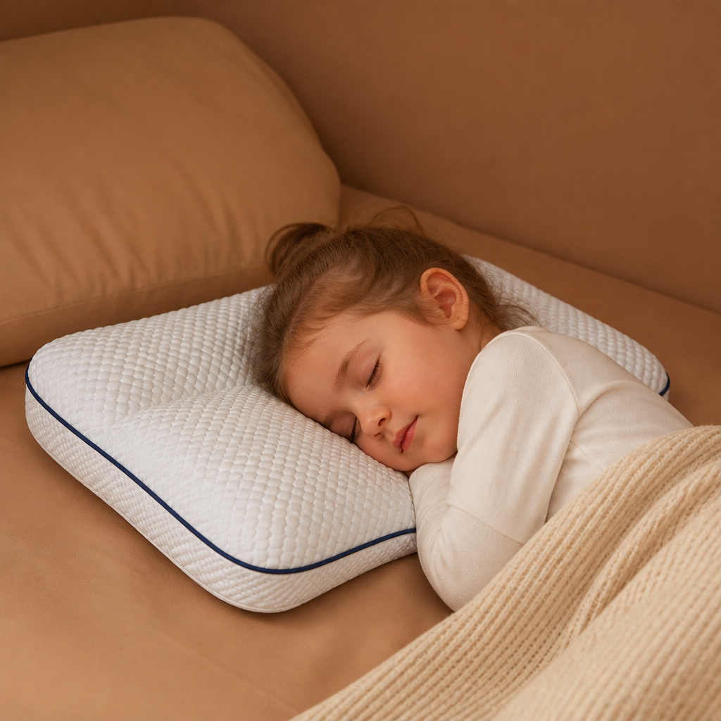 White children's memory foam pillow with textured cover and blue piping