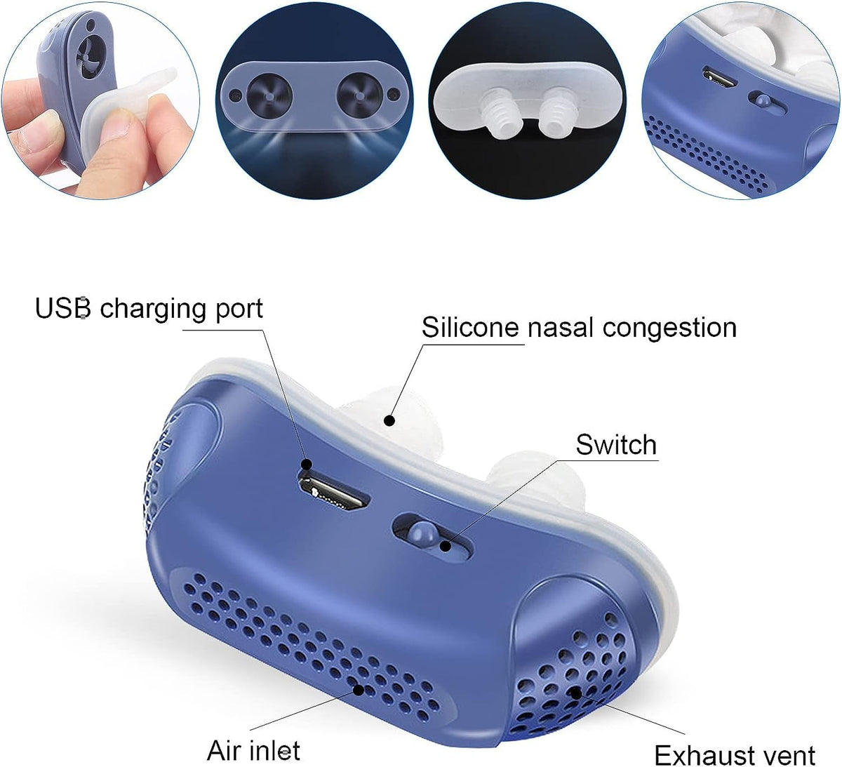 Blue compact nasal airflow device with two visible fan openings