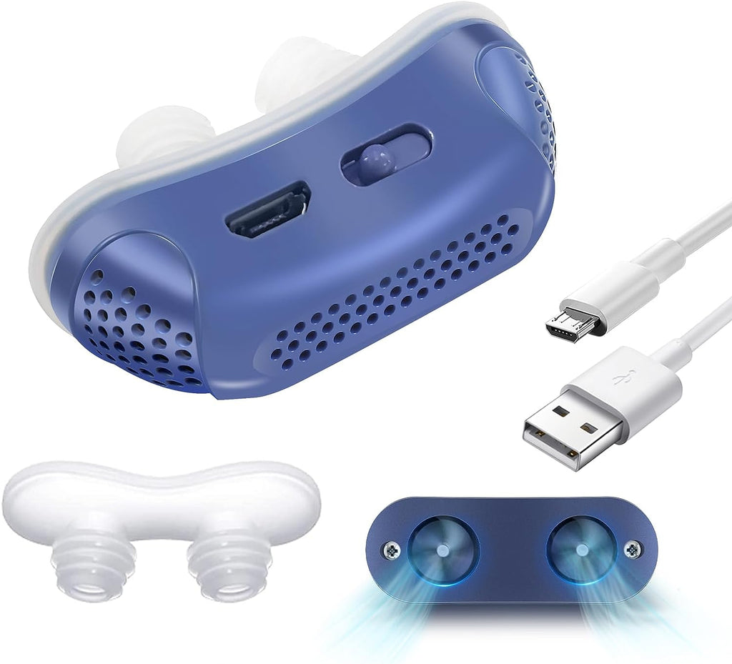 Blue compact nasal airflow device with two visible fan openings