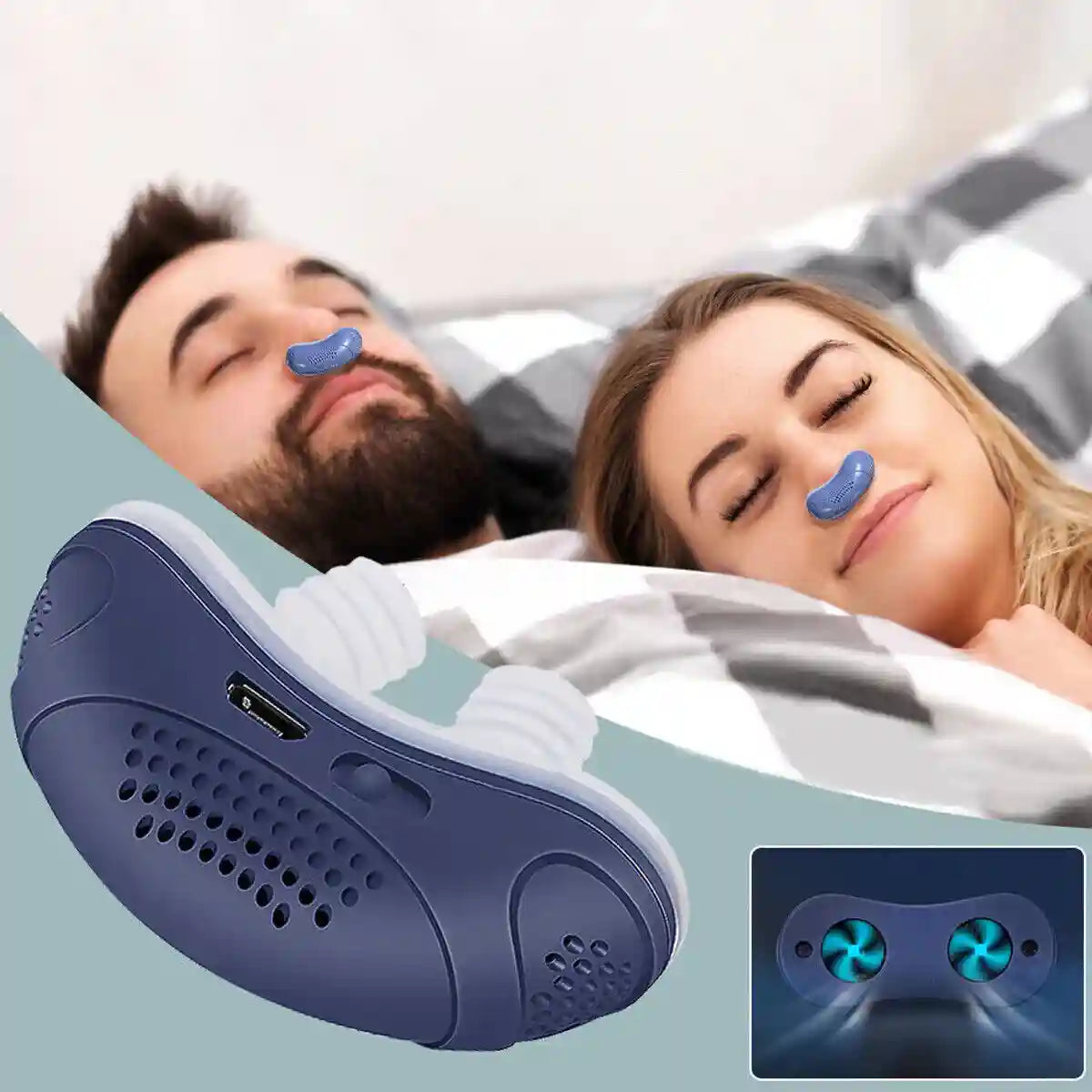 Blue compact nasal airflow device with two visible fan openings