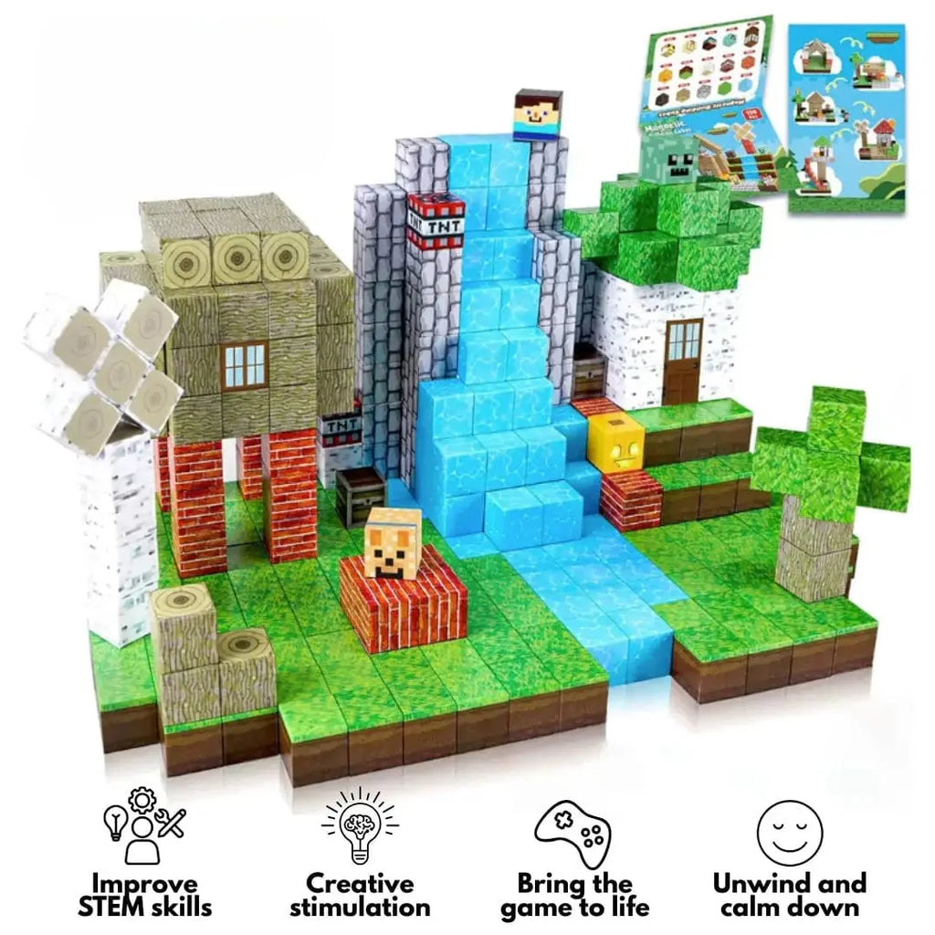 Colourful magnetic building blocks arranged into a game-themed landscape