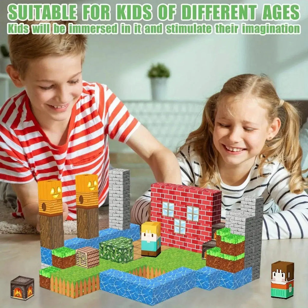 Colourful magnetic building blocks arranged into a game-themed landscape