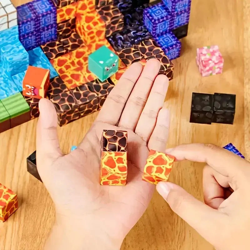 Colourful magnetic building blocks arranged into a game-themed landscape