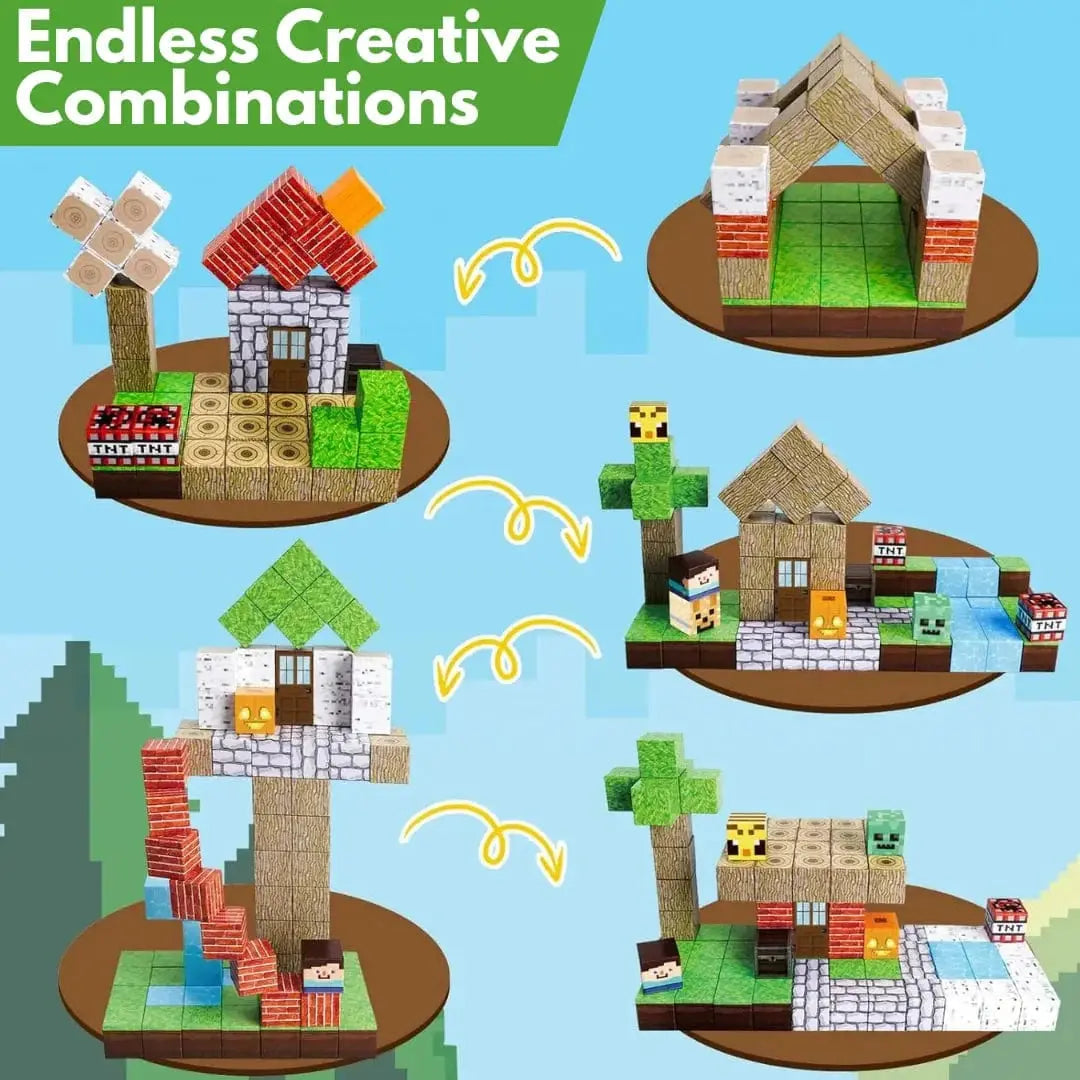 Colourful magnetic building blocks arranged into a game-themed landscape