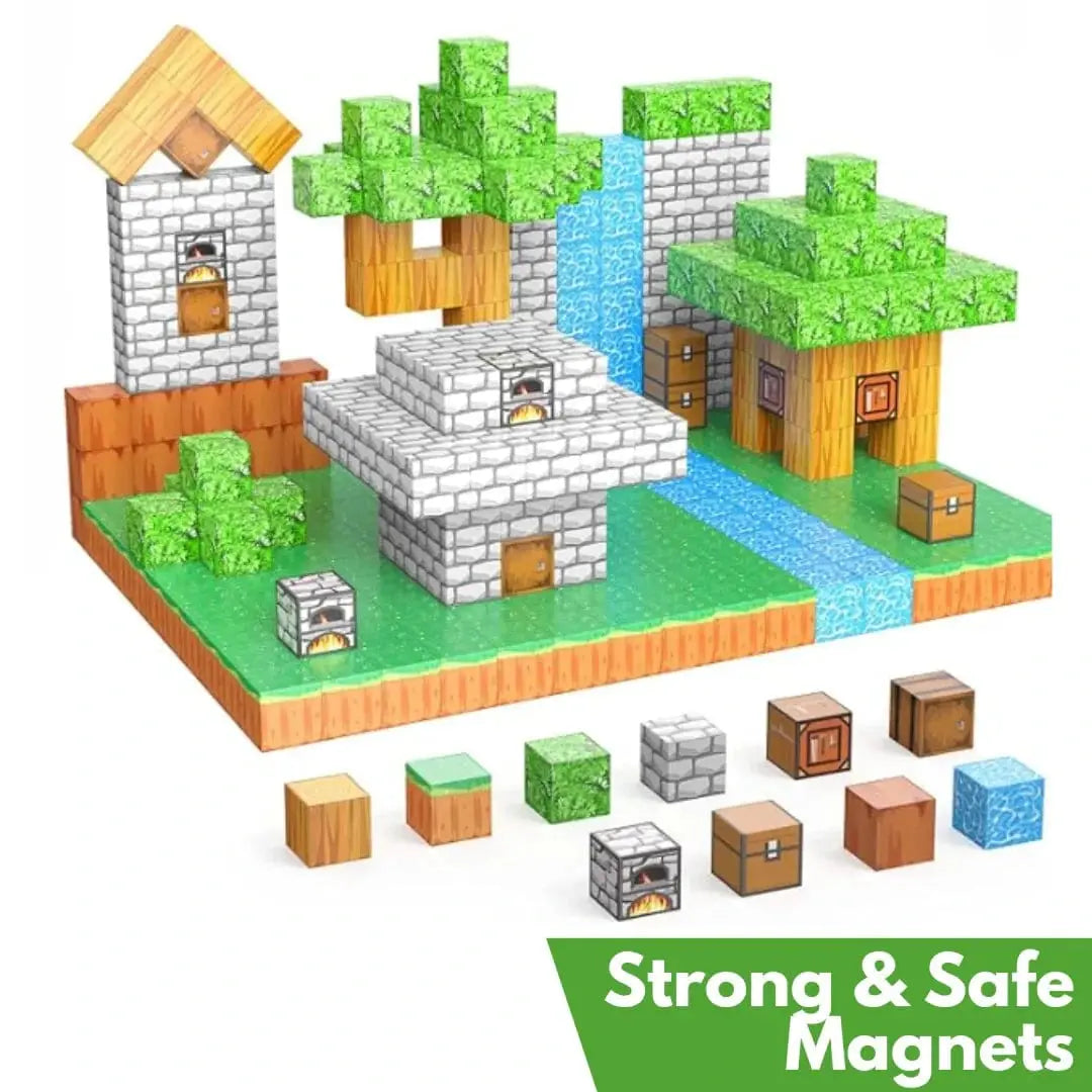 Colourful magnetic building blocks arranged into a game-themed landscape