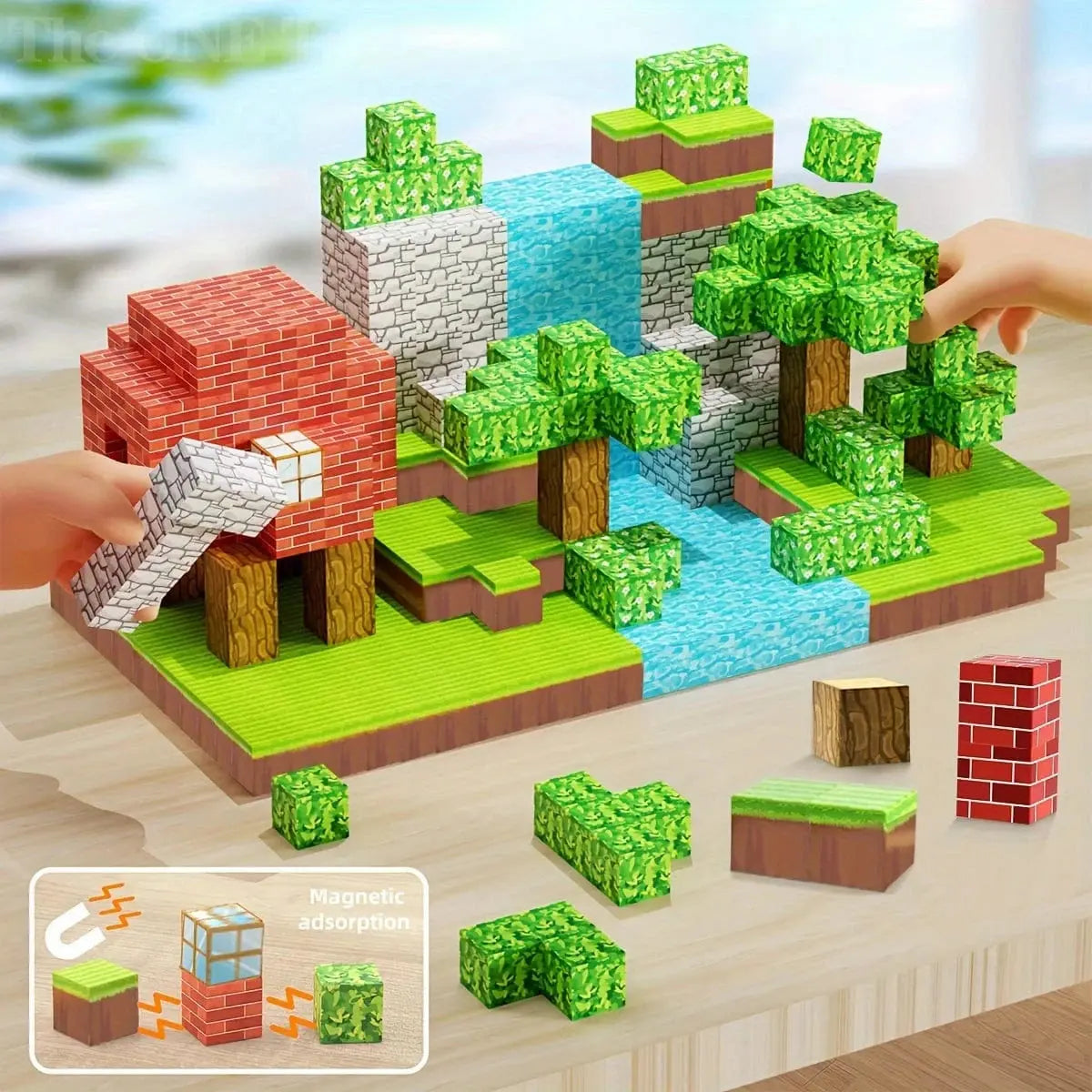 Colourful magnetic building blocks arranged into a game-themed landscape
