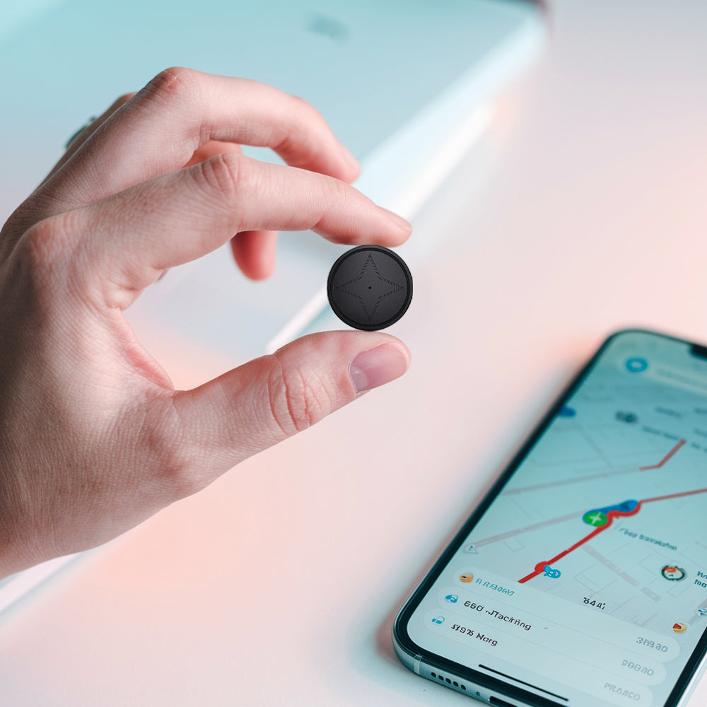 Compact black magnetic GPS tracker beside a mobile map interface