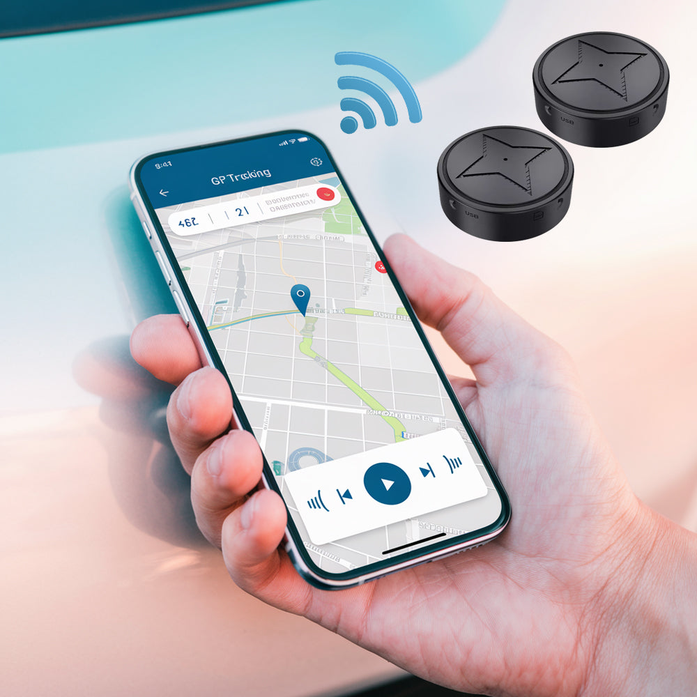 Compact black magnetic GPS tracker beside a mobile map interface