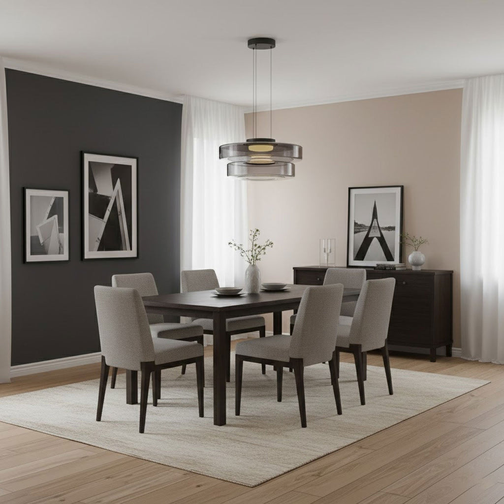 Rounded glass pendant light suspended from a black ceiling canopy