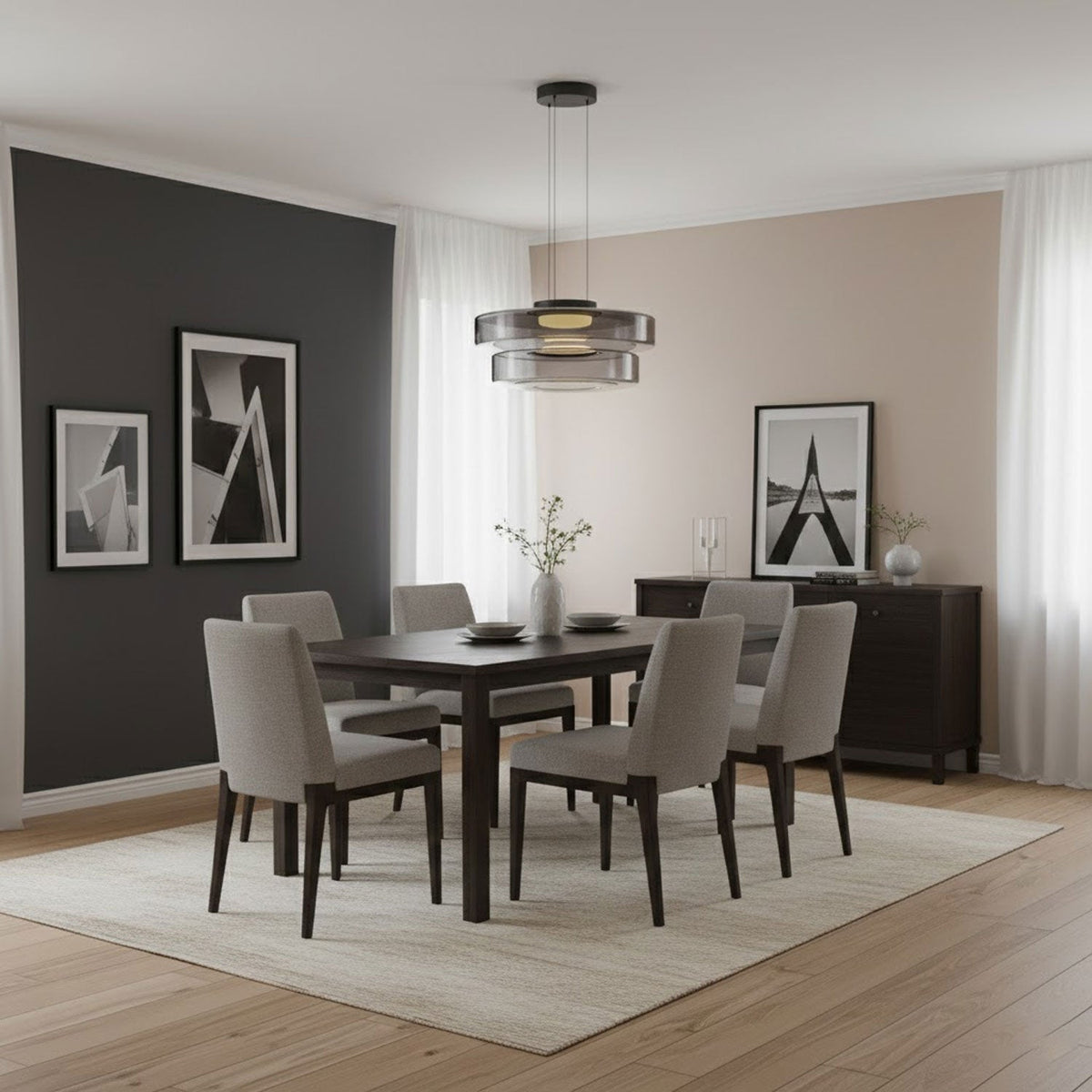 Rounded glass pendant light suspended from a black ceiling canopy
