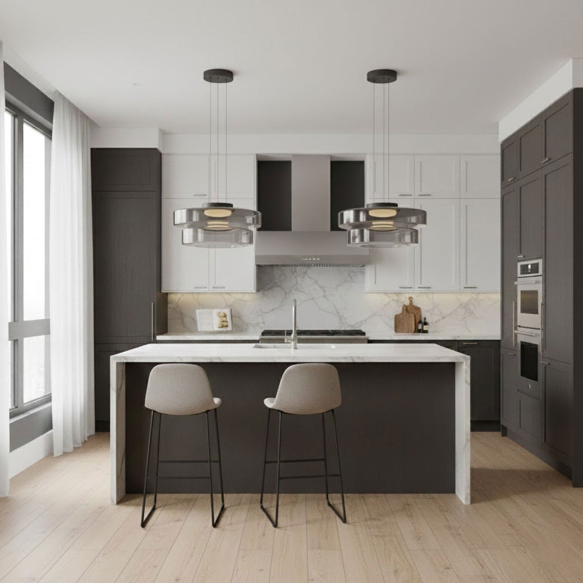 Rounded glass pendant light suspended from a black ceiling canopy