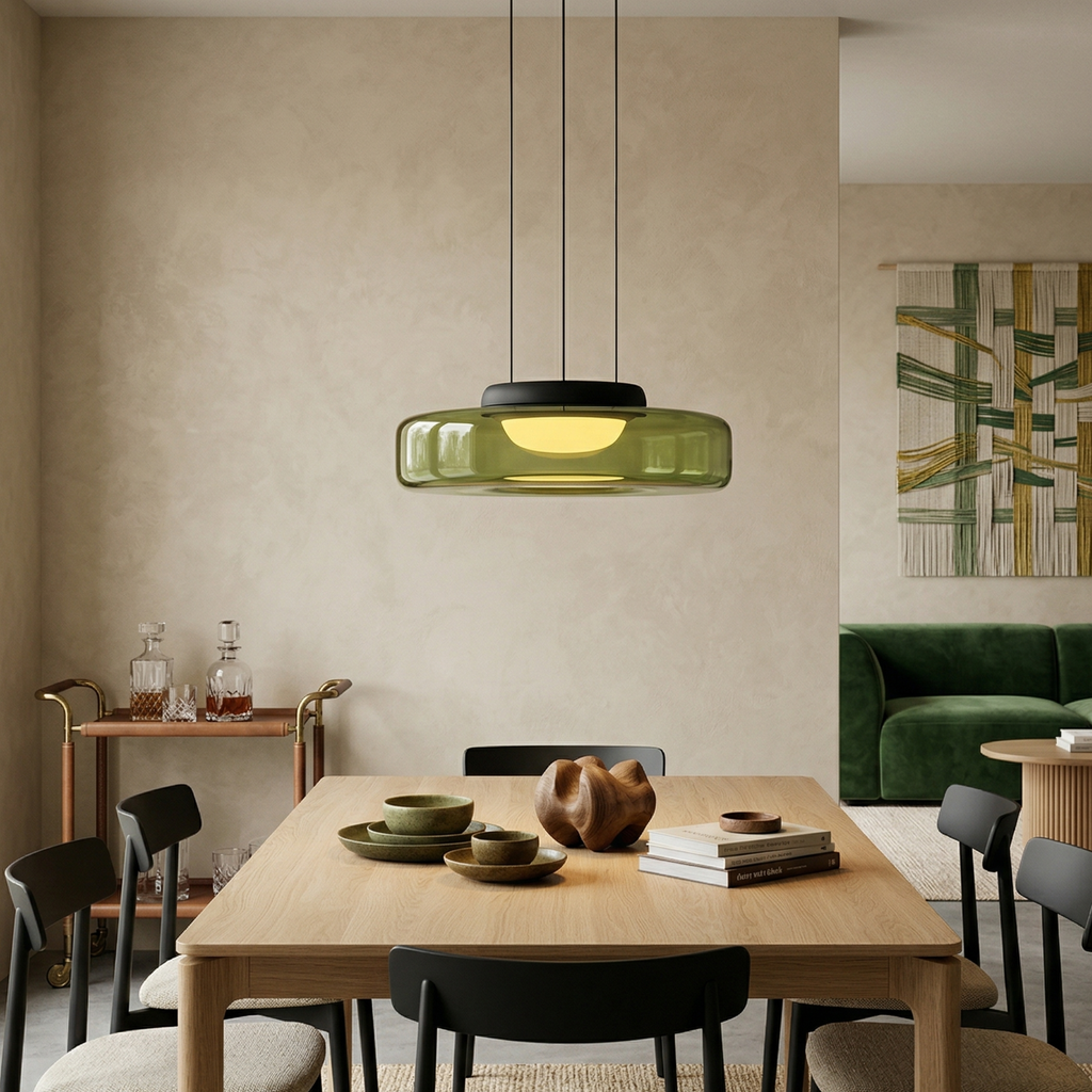 Rounded glass pendant light suspended from a black ceiling canopy