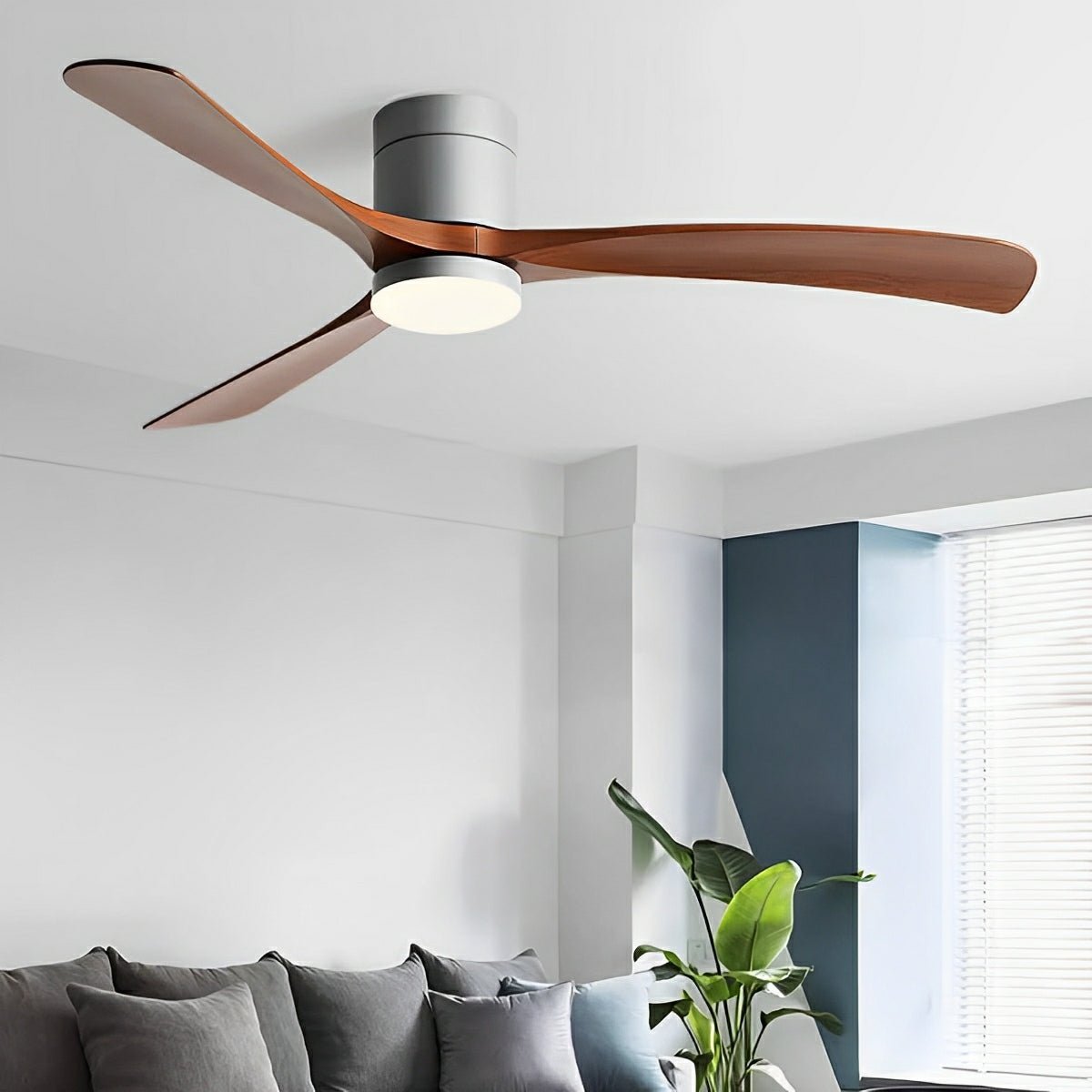 White three blade ceiling fan with integrated circular LED light