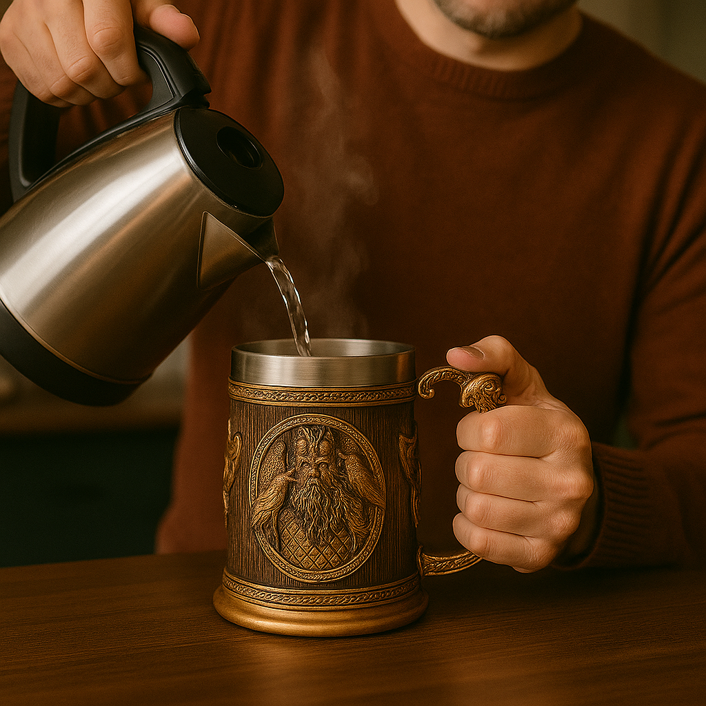 Bronze decorative Viking tankard with embossed warrior portrait and ornate handle