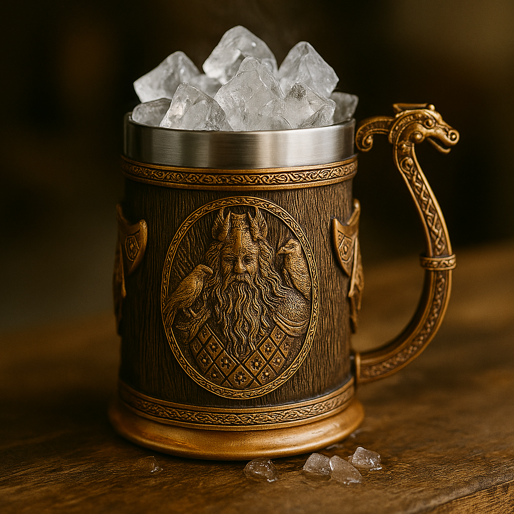 Bronze decorative Viking tankard with embossed warrior portrait and ornate handle