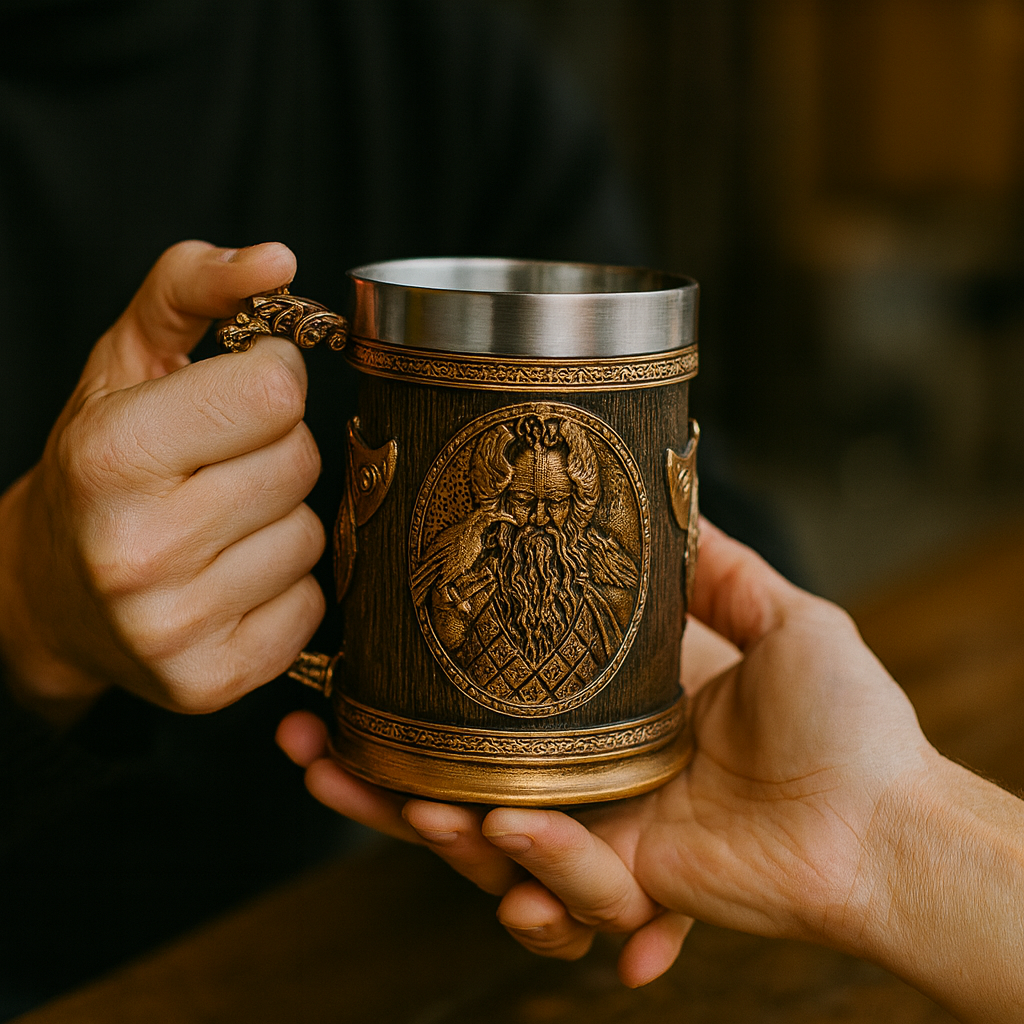 Bronze decorative Viking tankard with embossed warrior portrait and ornate handle