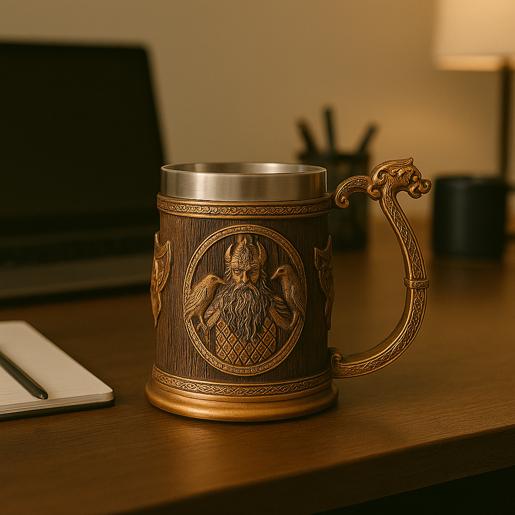Bronze decorative Viking tankard with embossed warrior portrait and ornate handle