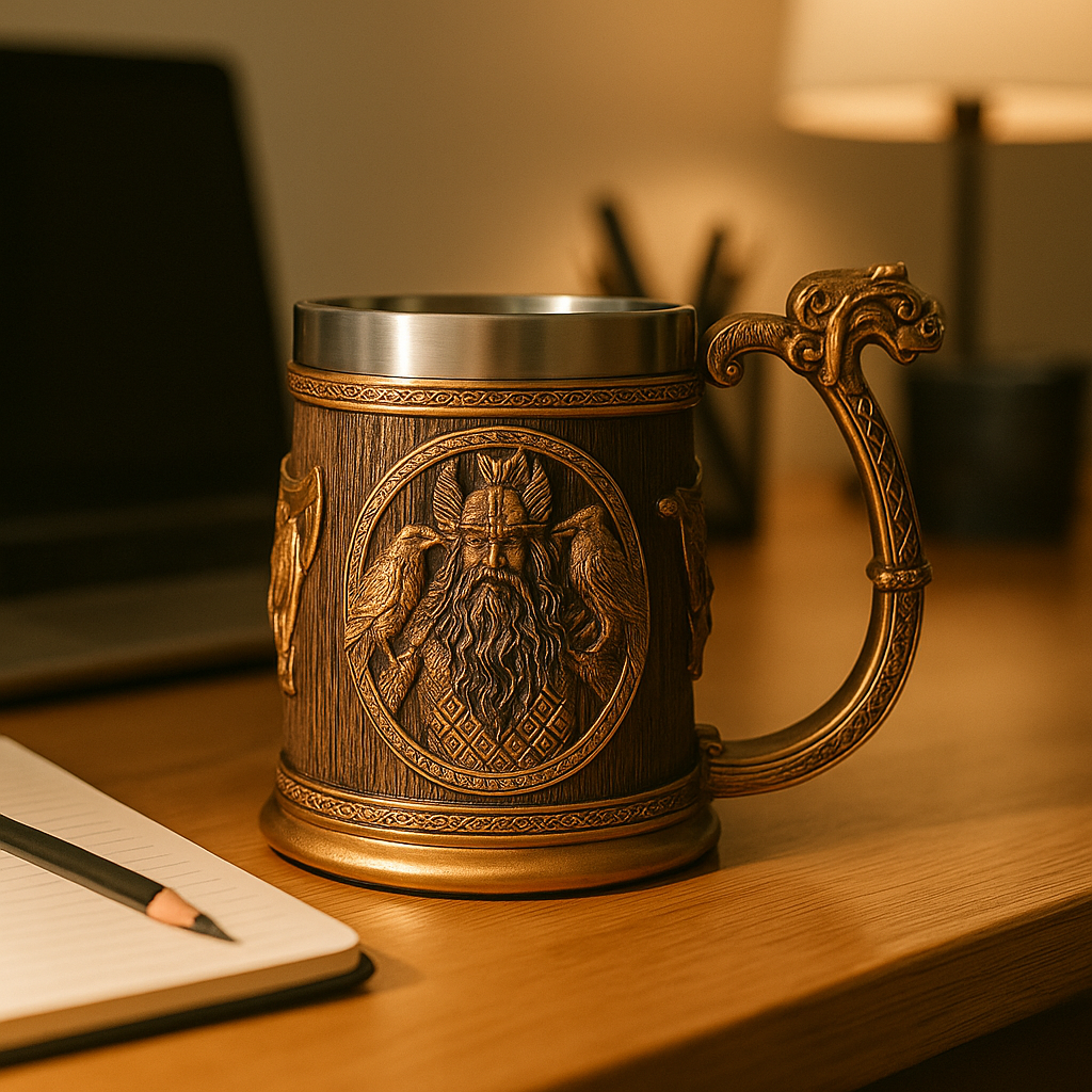 Bronze decorative Viking tankard with embossed warrior portrait and ornate handle