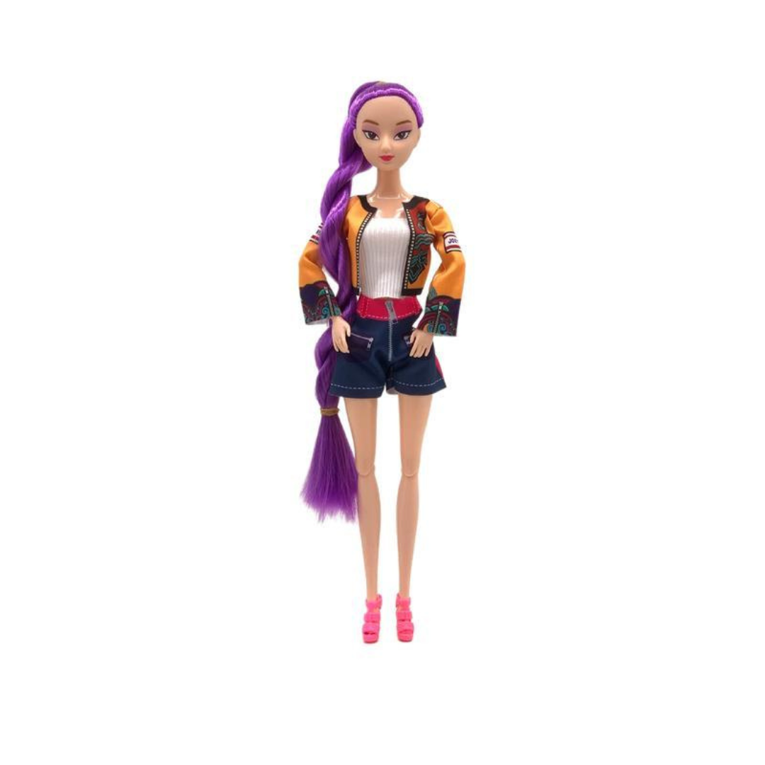 Three fashion dolls with colourful outfits and accessories in a purple display box