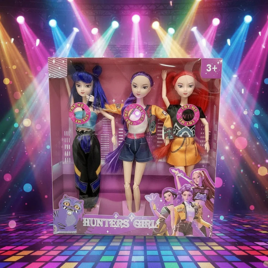 Three fashion dolls with colourful outfits and accessories in a purple display box