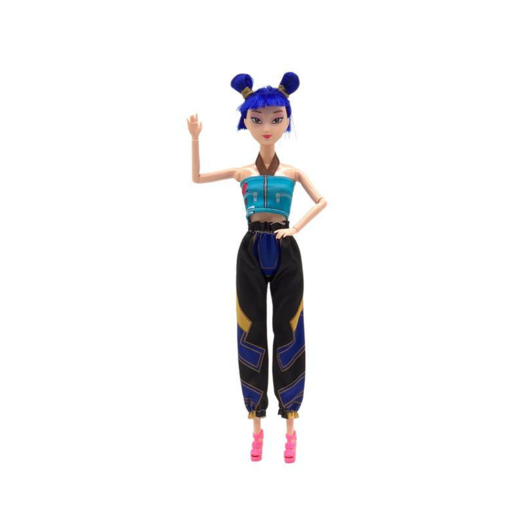 Three fashion dolls with colourful outfits and accessories in a purple display box