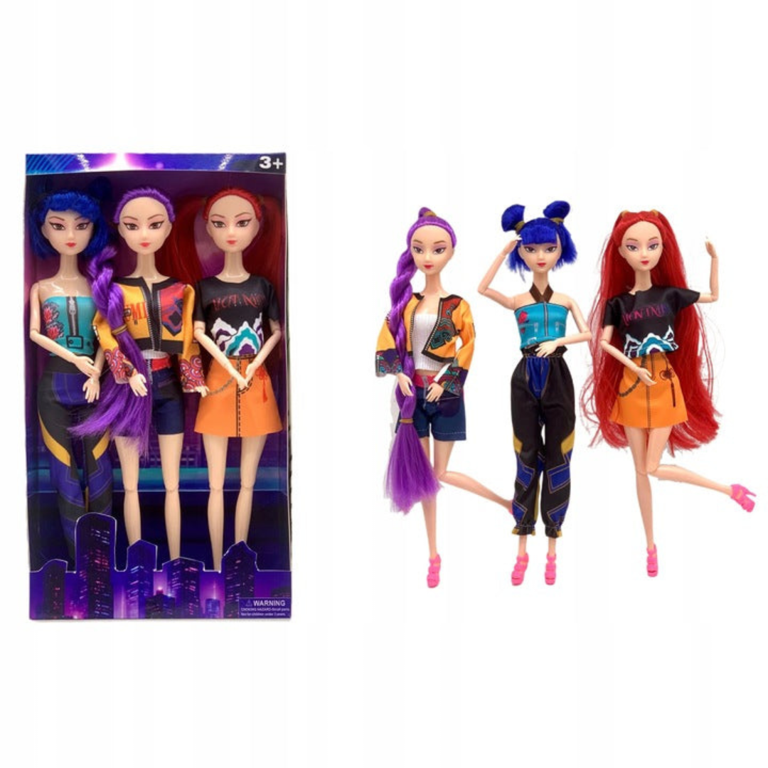 Three fashion dolls with colourful outfits and accessories in a purple display box