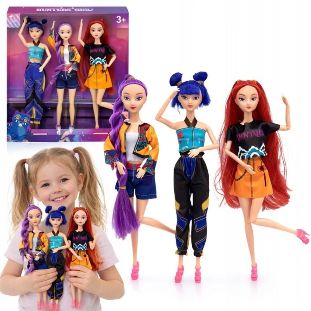 Three fashion dolls with colourful outfits and accessories in a purple display box