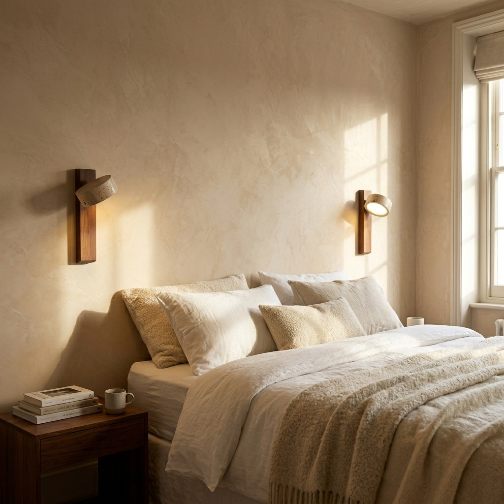 Adjustable travertine-effect wall light with angled shade and wood-effect backplate