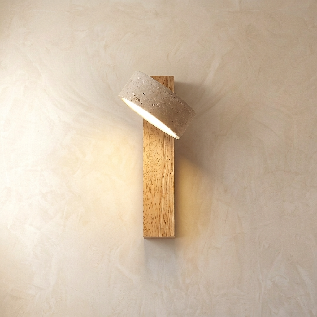 Adjustable travertine-effect wall light with angled shade and wood-effect backplate