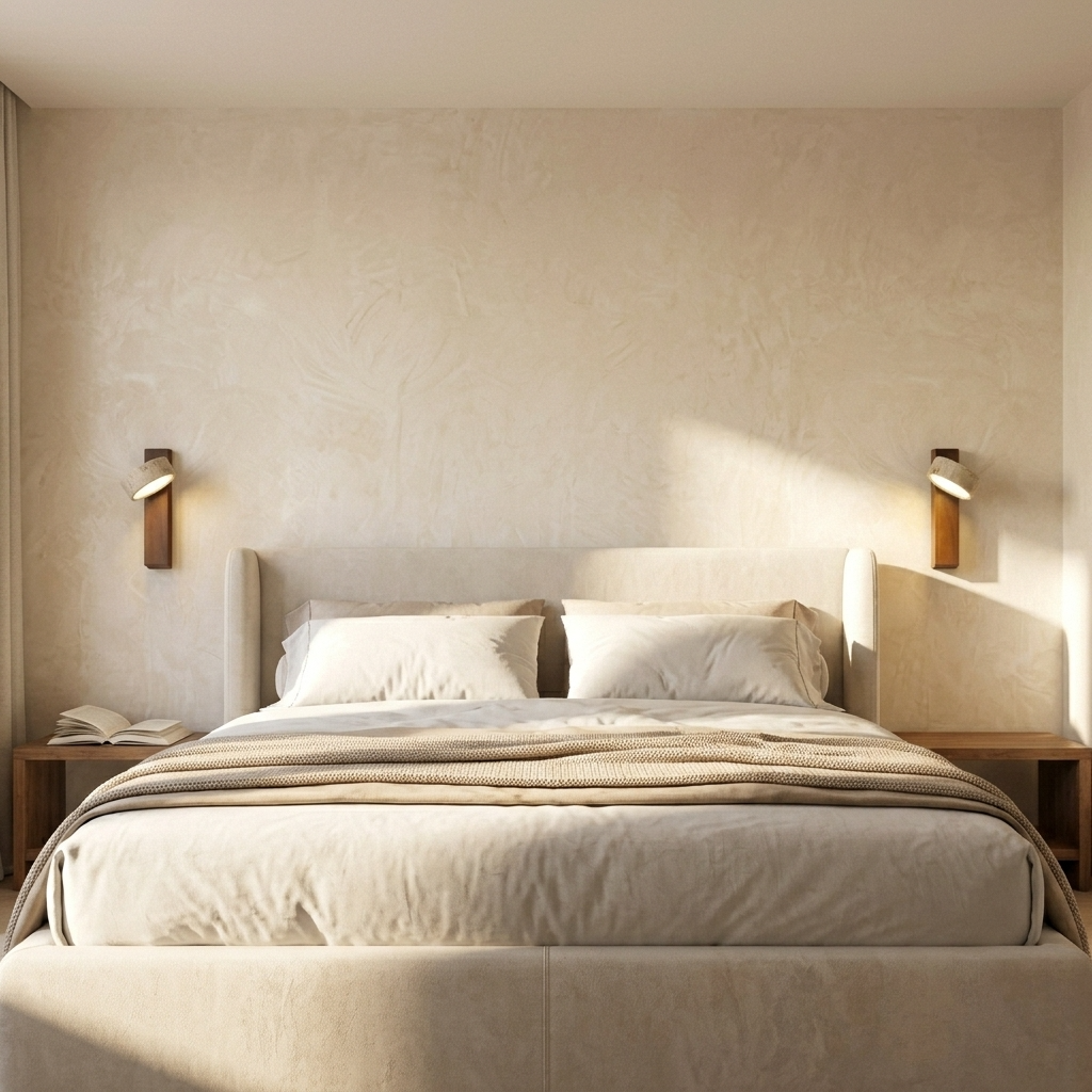 Adjustable travertine-effect wall light with angled shade and wood-effect backplate